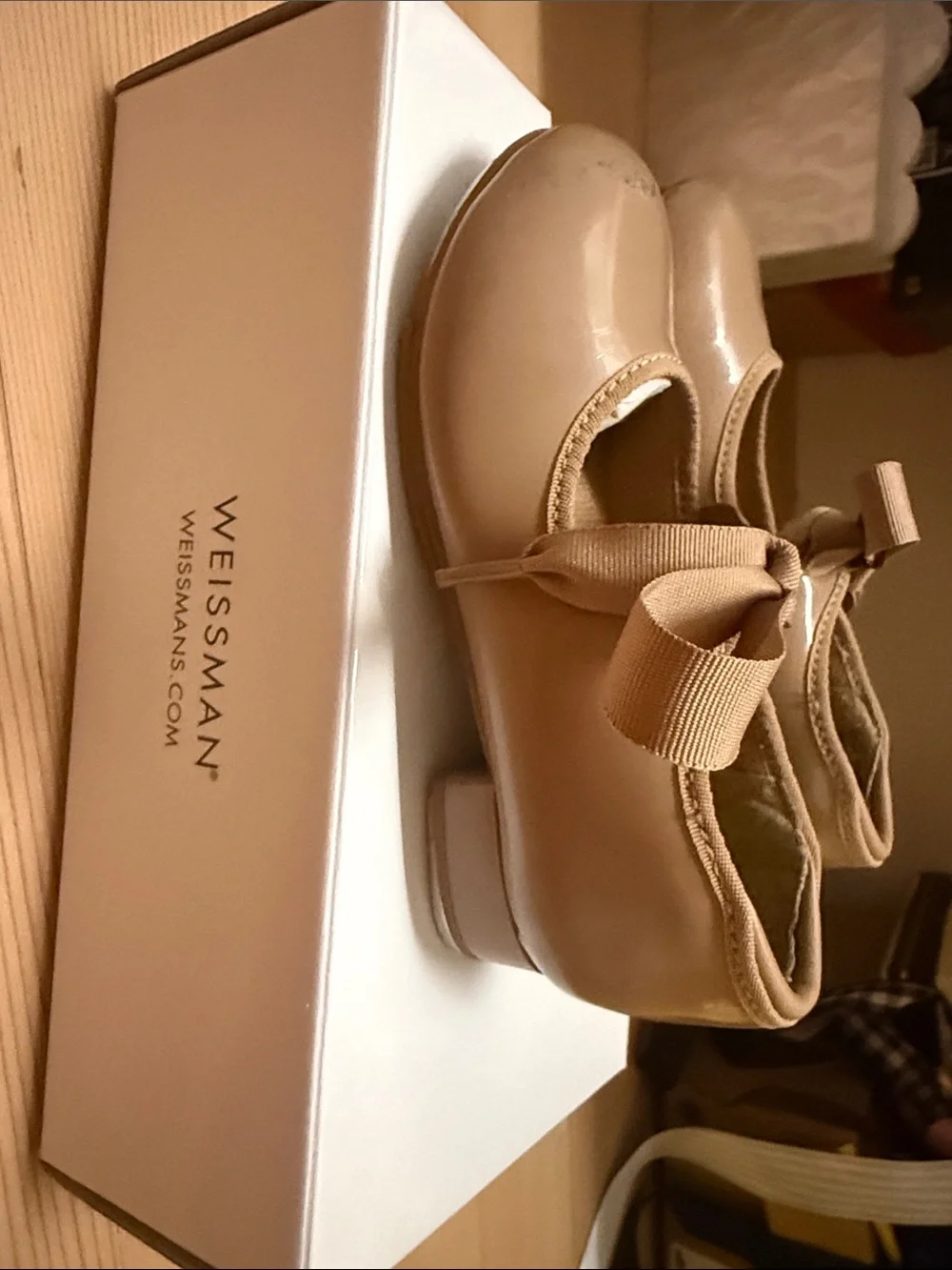 Weissman Tan Patent Mary Jane Shoes with Grosgrain Bow